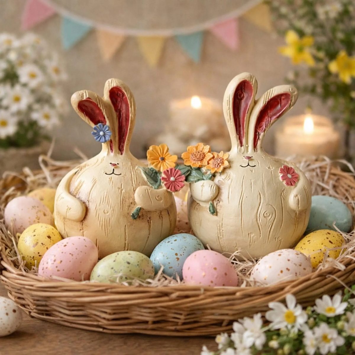 Rustic Bunny Figurines - Set of 2 Wood Grain Easter Rabbit Ornaments - Spring Tiered Tray Decor - Easter Basket Stuffers - Unique Gift