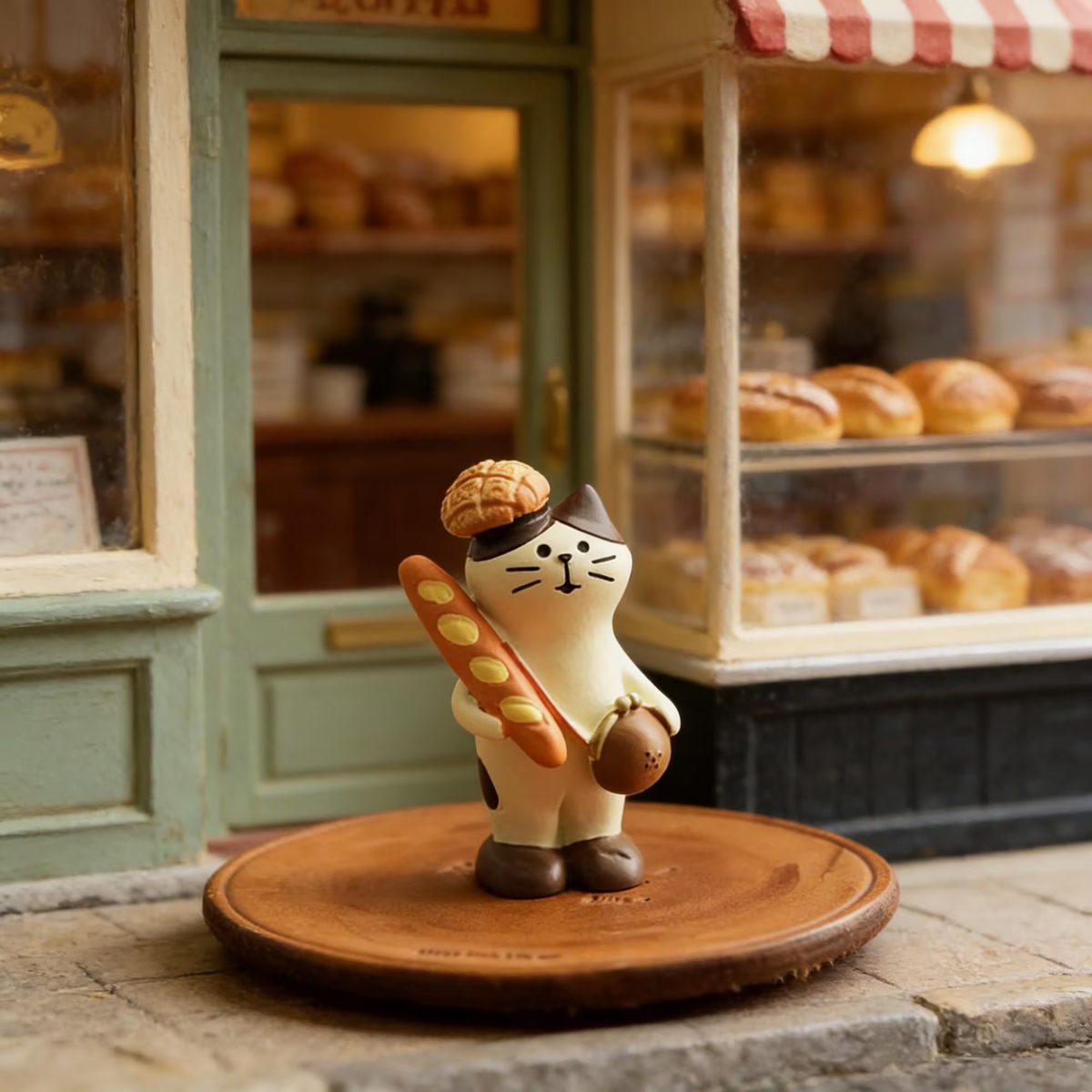 Miniature Cat Baker Figurine - Kawaii Bakery Decor - Tiny Cat Holding Baguette - Resin Bread Basket Miniatures - Dollhouse Kitchen Accessory