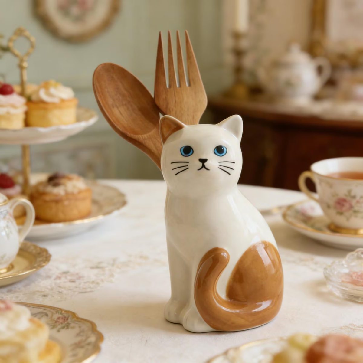 Handmade Ceramic Cat Cutlery Holder - Cute White & Ginger Kitty Utensil Organizer - Tea Party Decor - Gift for Cat Lovers - Kitchen Storage