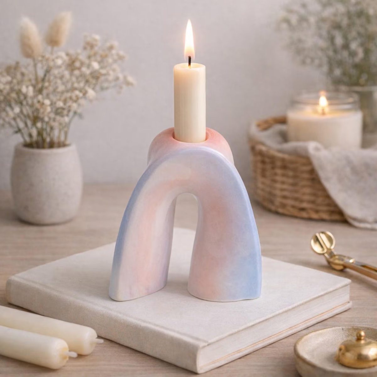 Pastel Gradient Arch Candle Holder, Modern Ceramic U-shape Taper Holder, Minimalist Abstract Candlestick, Housewarming Gift