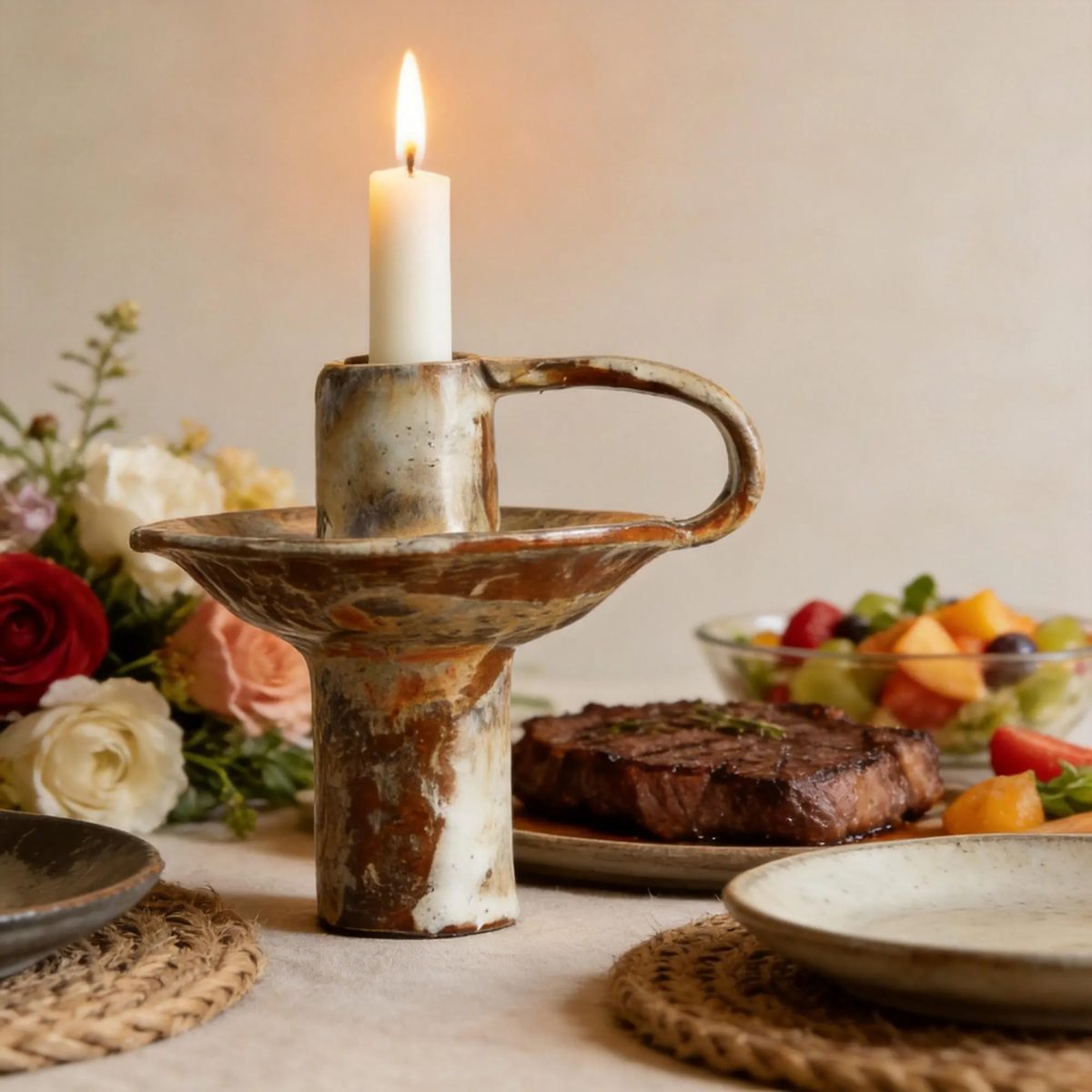 Pottery Chamberstick, Wabi-sabi Ceramic Candle Holder With Handle, Hand-thrown Earthy Stoneware Taper Holder, Housewarming Gift