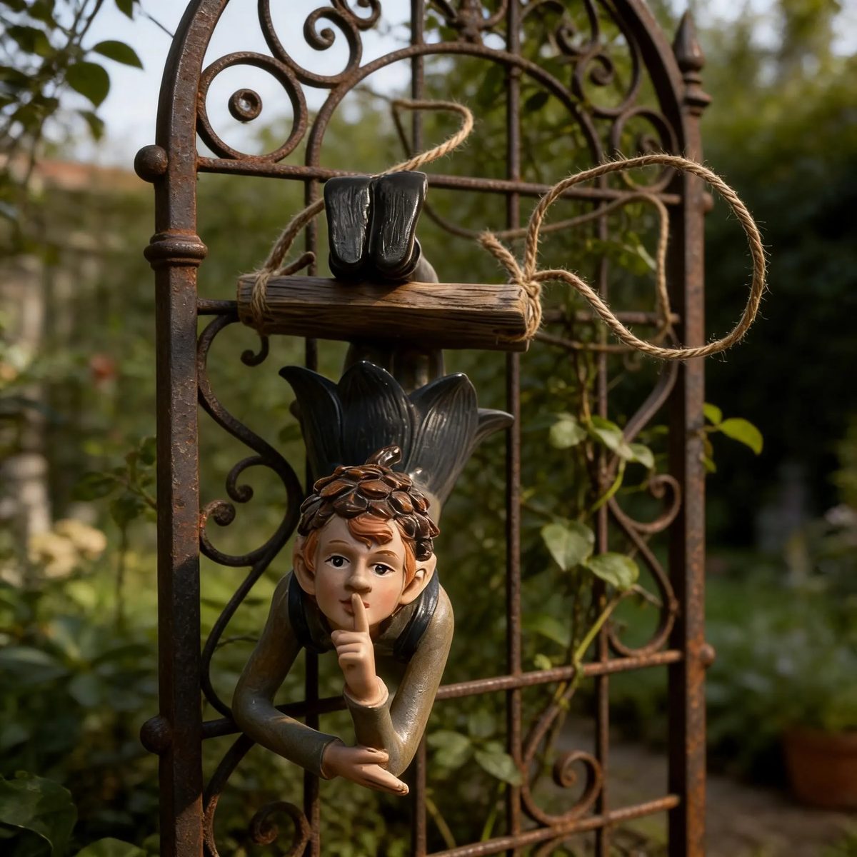 Hanging Garden Elf Statue, Upside Down Forest Fairy Figurine With Shushing Gesture, Whimsical Tree Decor, Fantasy Gift for Gardeners