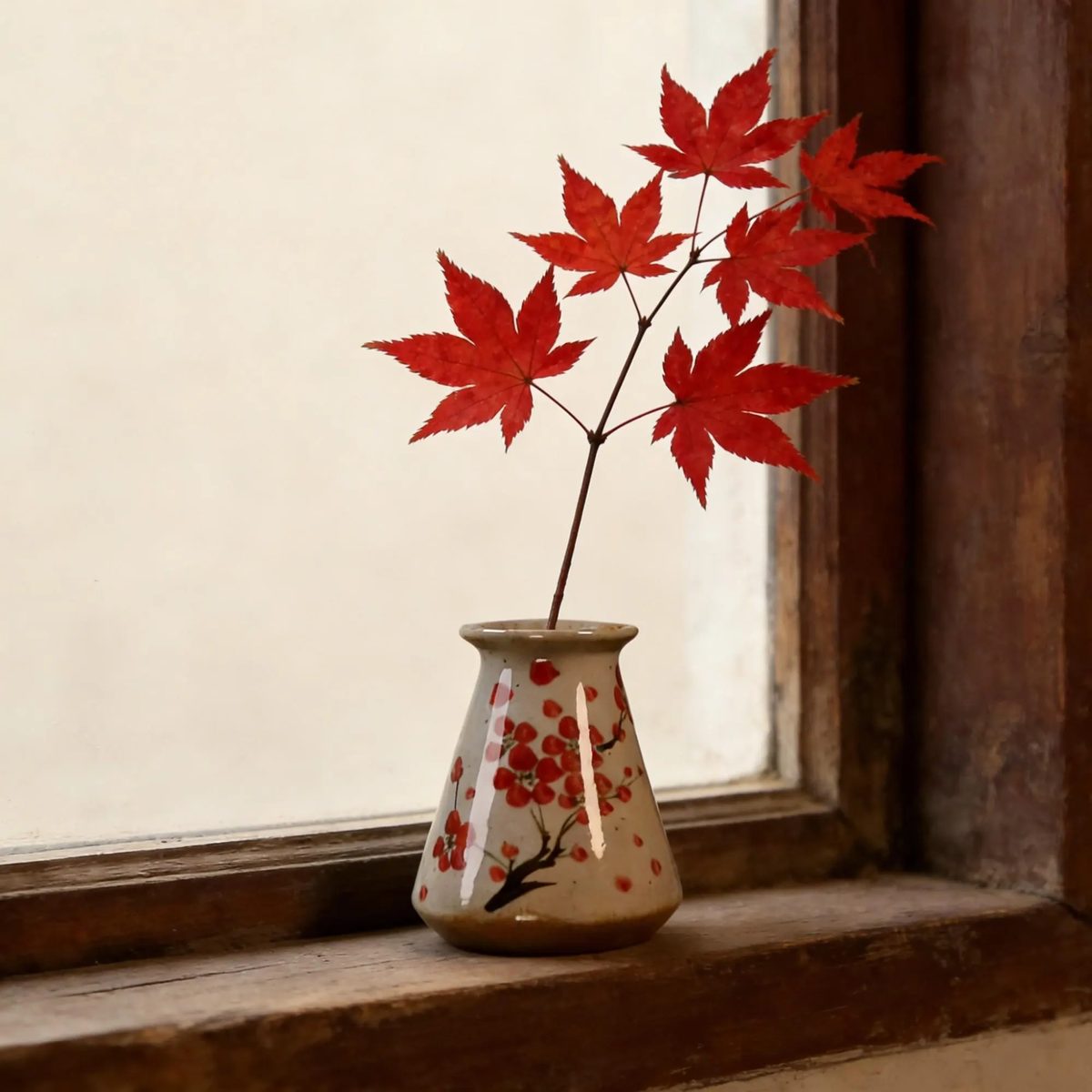 Handmade Miniature Plum Blossom Vase, Conical Ceramic Ornament, Oriental Pottery Gift, Aesthetic Home Office Decor, Red Plum Branch Vase