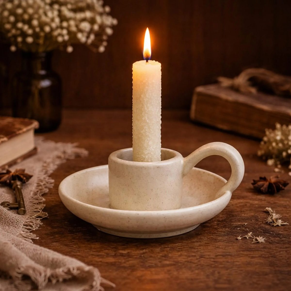 Handmade Speckled Ceramic Candle Holder With Handle, Wabi-sabi Taper Candlestick, Minimalist Farmhouse Table Decor, Housewarming Gift