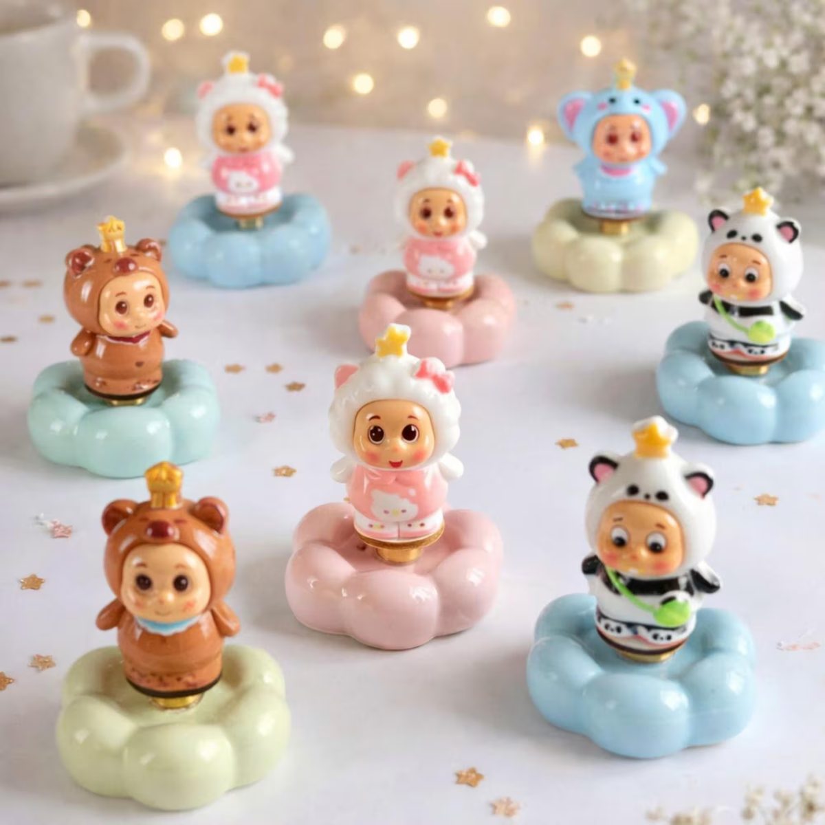 Kawaii Animal Costume Rotating Ceramic Figurine - Hand-painted Porcelain Miniature - Whimsical Desktop Kinetic Art - Surprise Base Color!