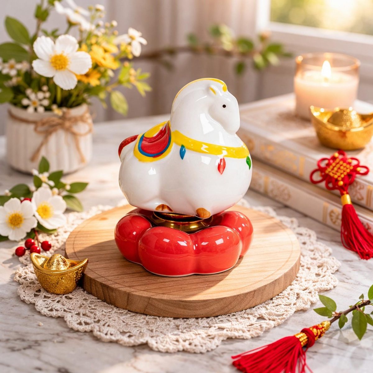 Rotating Ceramic Lucky Horse Figurine - 360 Spinning Prosperity Pony - Success & Good Fortune Charm - Desk Decompression Toy