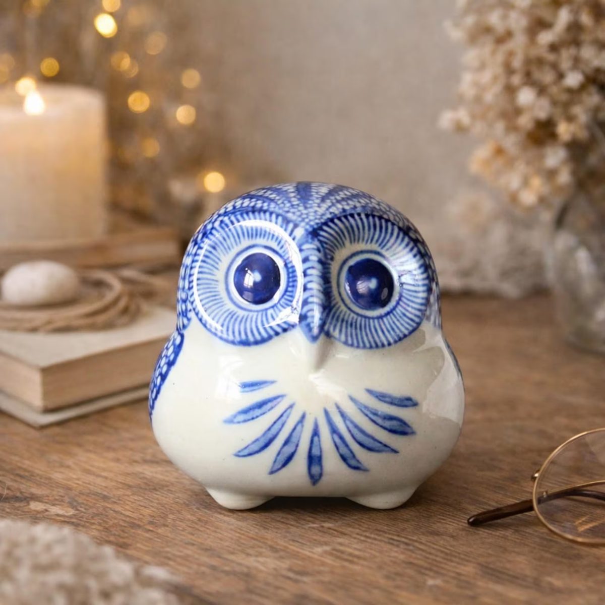 Hand-painted Blue and White Ceramic Owl Figurine - 10cm Chubby Porcelain Bird Statue - Unique Gift for Owl Lovers, Whimsical Home Decor