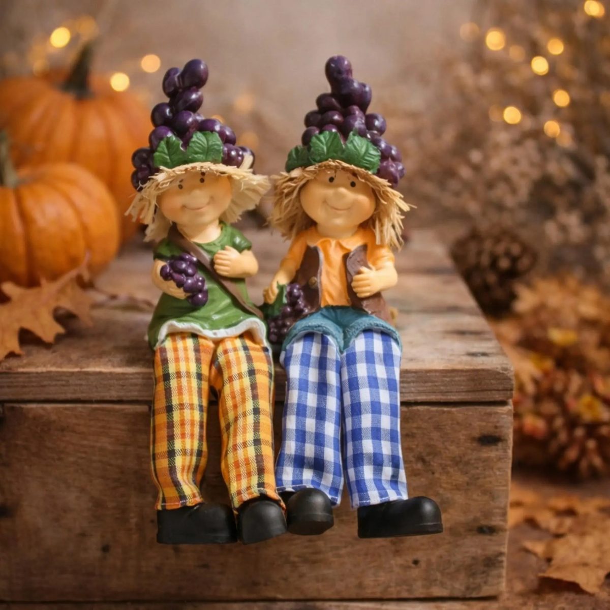 Set of 2 Harvest Grape Shelf Sitters - Whimsical Fall Elf Figurines - Rustic Autumn Home Decor for Tiered Trays, Mantels & Bookshelves