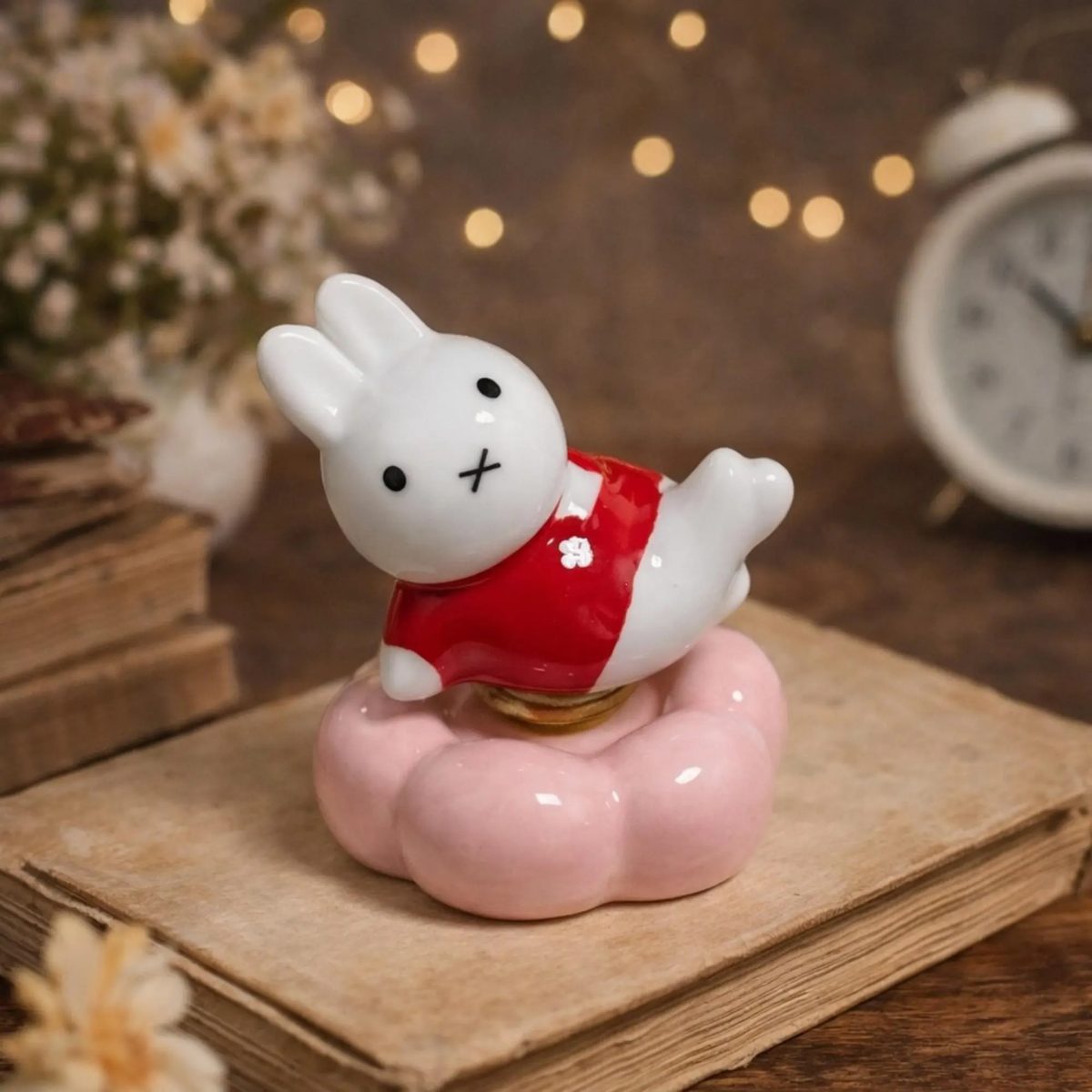 Kawaii Ceramic Bunny Bobblehead, Cute White Rabbit in Red Sweater on Pink Cloud, Aesthetic Desk Decor, Small Pottery Animal Statue