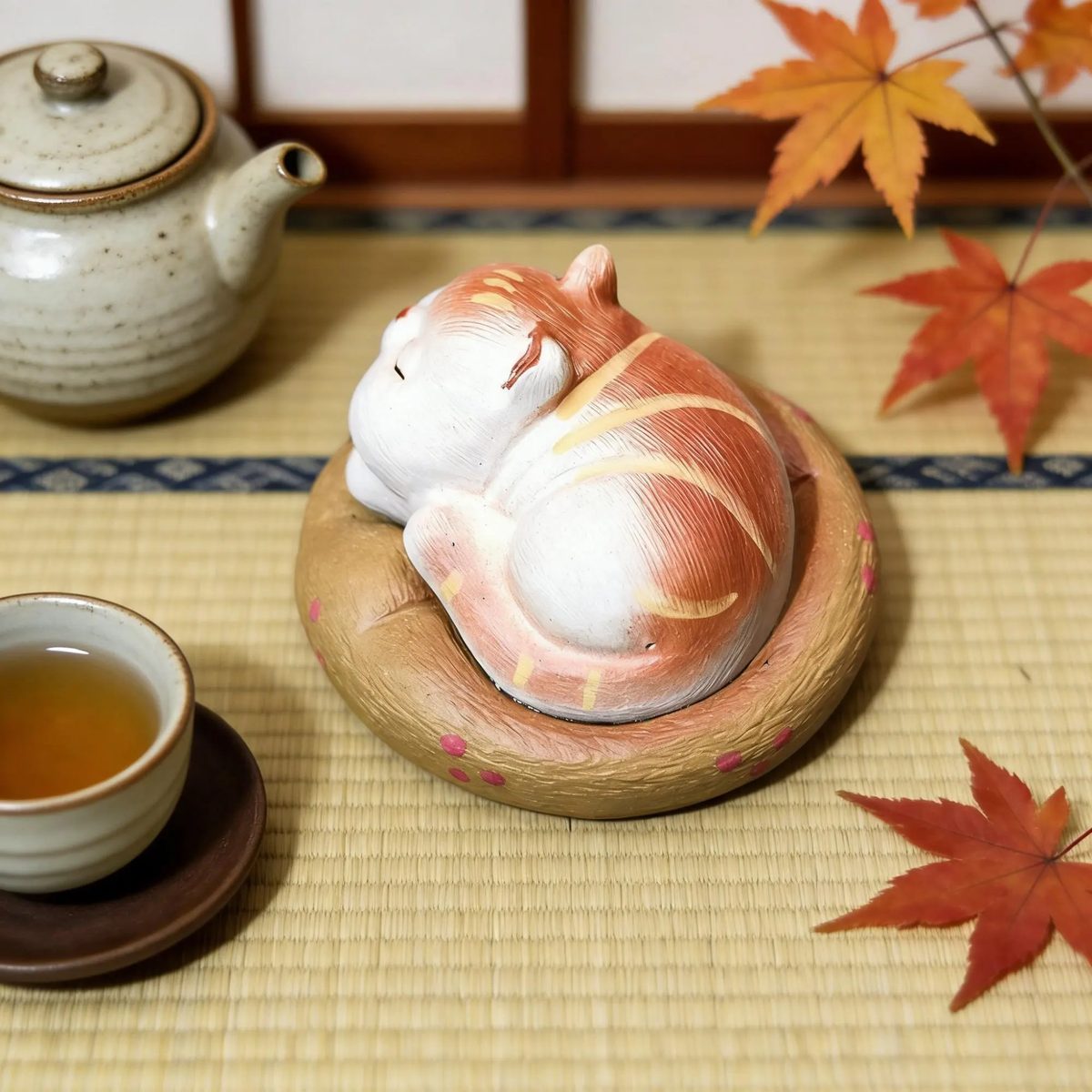 Handmade Purple Clay Cat Tea Pet - Sleeping Ginger Cat Figurine for Tea Tray - Zisha Clay Tea Ceremony Accessory - Zen Cat Mom Gift - 2.5"