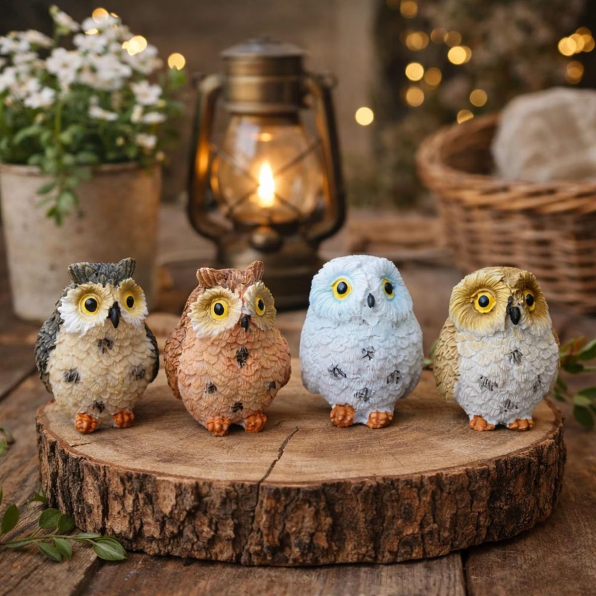 Miniature Owl Figurine Set of 4, Cute Resin Forest Animal Statue, Fairy Garden Accessories