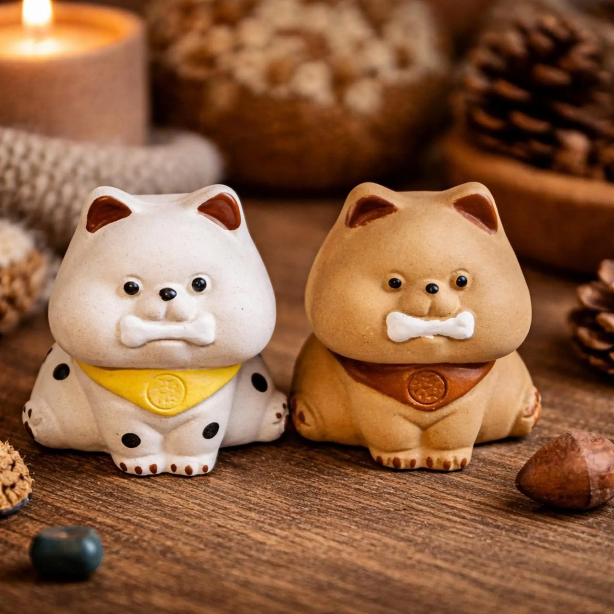 Handmade Zisha Puppy Tea Pet - Cute Chubby Dog Figurine With Bone & Lucky Collar - Miniature Yixing Clay Dog Statue, Gift for Dog Lovers