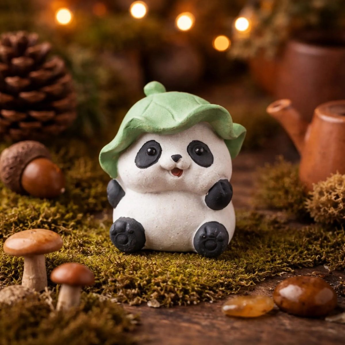 Handmade Panda Tea Pet With Lotus Leaf Hat, Cute Yixing Zisha Clay Giant Panda Figurine, Zen Garden Decor, Unique Panda Lover Gift
