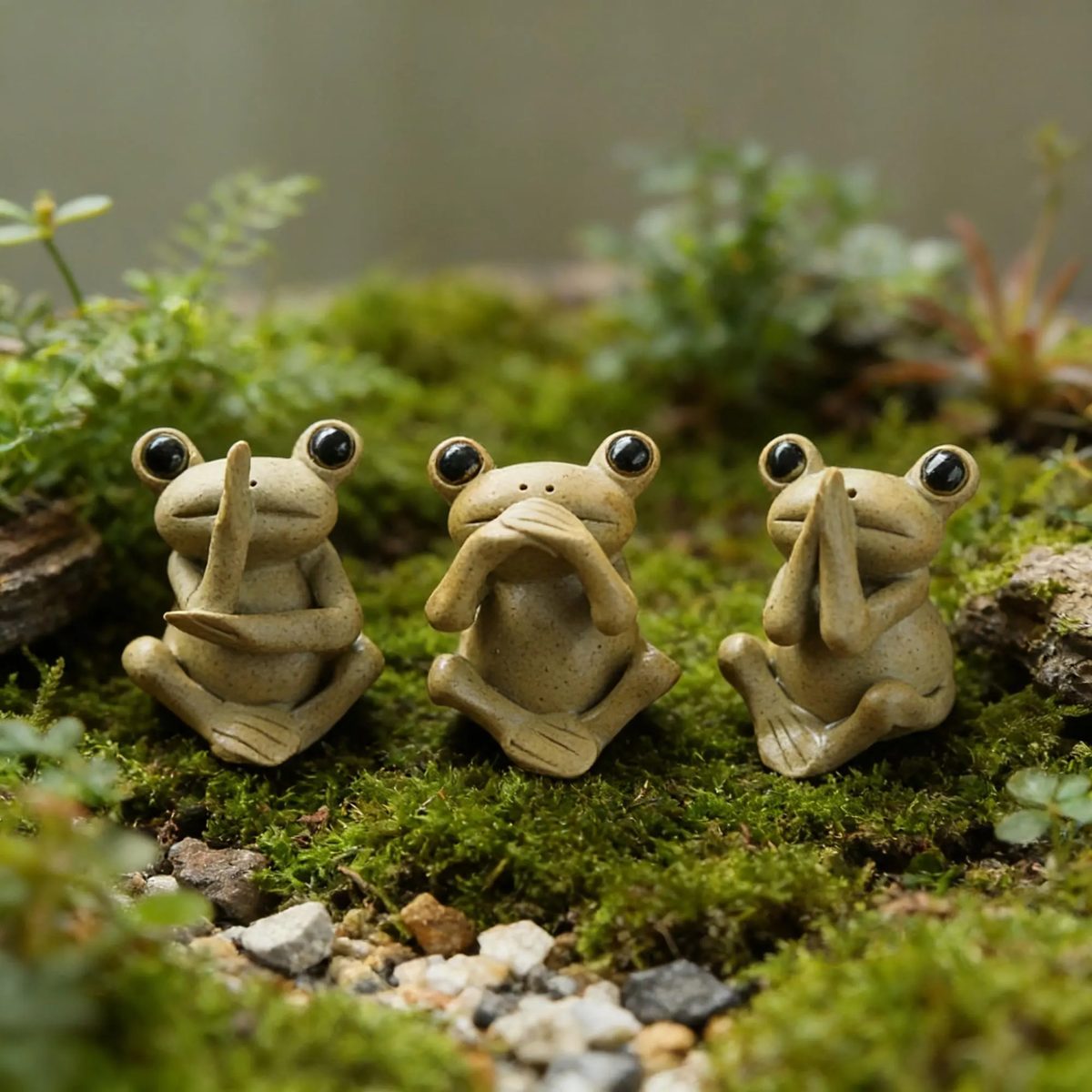 Three Noes Yoga Frog Tea Pet, See Hear Speak No Evil Frog Figurine, Handmade Zisha Clay Zen Animal, Mindfulness Gift for Office
